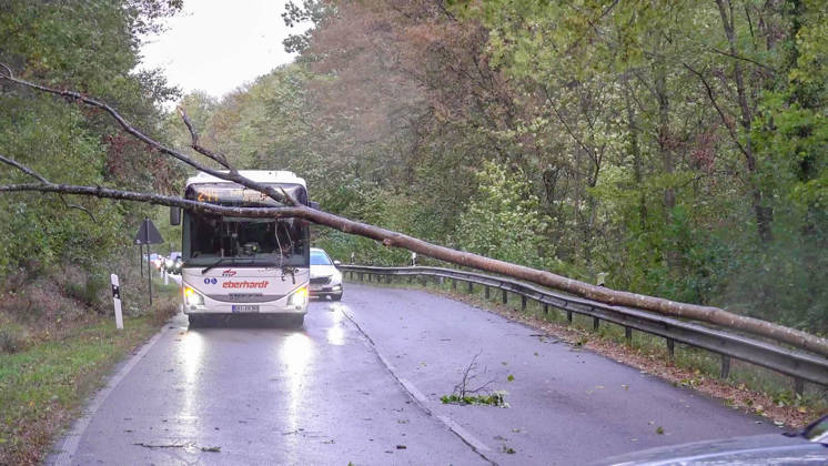 RECORD DATE NOT STATED Sturmtief sorgt für gefährliche Lage im Südwesten: Zahlreiche sturmbedingten Einsätze der Feuerwehr in Baden-Baden - Regenrinne löst sich im Sturm und droht von Wohnhaus auf Fahrbahn zu stürzen - Sturmböen mit bis zu 80 km h sorgen für zahlreiche w Der Herbststurm Luise hat am Freitagnachmittag im Südwesten an Fahrt aufgenommen und auch Baden-Baden getroffen. Dort wurden Sturmböen von bis zu 80 km h gemessen. Die Feuerwehr war bei zahlreichen Einsätzen gefordert: Unter anderem stürzten Bäume um, zudem drohte an einem Mehrfamilienhaus eine Regenrinne, sich vollständig zu lösen und auf die Fahrbahn zu fallen. Die Feuerwehr rückte mit einer Drehleiter an, um die Gefahr zu beseitigen. In der Rotenbachtalstraße in Baden-Ba Copyright: xHenryxMungenastx xEinsatzReport24x
