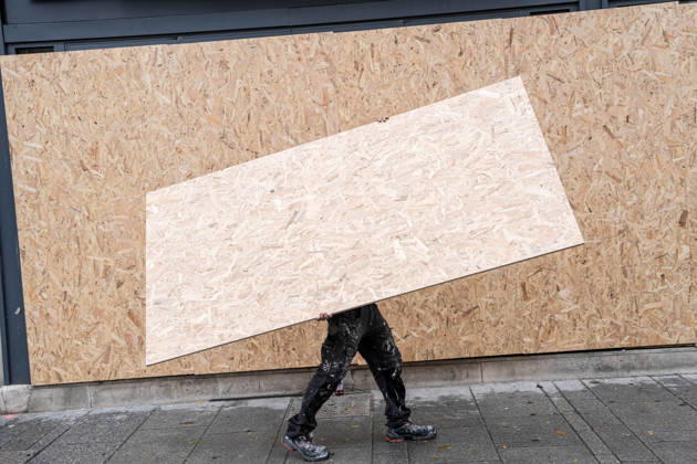 Shopfronts boarded up in Nancy ahead of planned protests NANCY, FRANCE - OCTOBER 23: Workers install protective wooden boards and plywood panels over shopfronts and commercial venues across downtown Nancy, France, on October 23, 2026. Local business owners and municipal authorities reinforced physical security measures ahead of large-scale public demonstrations planned for October 24, seeking to prevent vandalism and structural damage along major commercial corridors. Muhammed Said Tako Anadolu Nancy France. Editorial use only. Please get in touch for any other usage.  Copyright: x2026xAnadoluxMuhammedxSaidxTakox