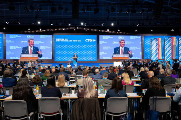 Parteitag 2026 der Partei CSU (Christlich-Soziale-Union) in der Messe München. Messehalle während Ministerpräsident Dr. Markus Söder auf der Bühne Spricht
