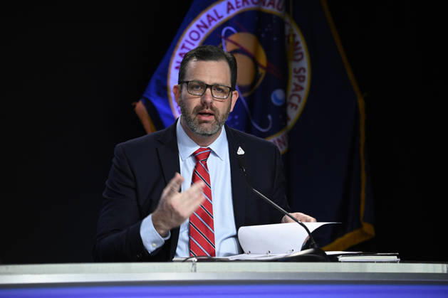 NASA Artemis Program Manager Jeremy Parsons speaks during a press conference at the Kennedy Space Center on Friday October 23, 2026. NASA is providing an update on the acceleration of the Artemis Program as they continue to prepare for returning crewed missions to the moon.  KSP202610230014 JOExMARINO