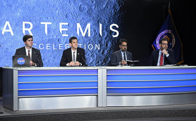 NASA Deputy Press Secretary George Alderman, NASA Administrator Jared Isaacman, NASA Associate Administrator Amit Kshatriya and NASA Artemis Program Manager Jeremy Parsons (i to r) present at a press conference at the Kennedy Space Center on Friday October 23, 2026. NASA is providing an update on the acceleration of the Artemis Program as they continue to prepare for returning crewed missions to the moon.  KSP202610230001 JOExMARINO