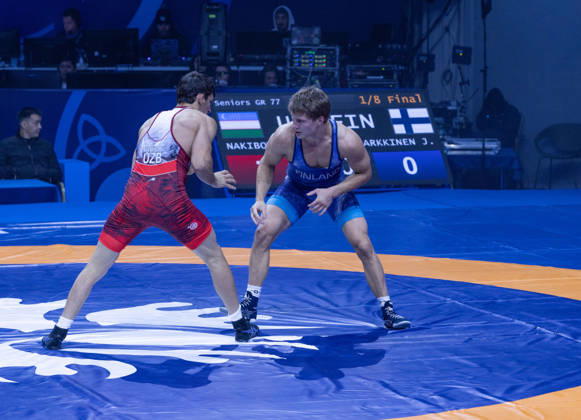 October 24, 2026, Astana, 2021 World Wrestling Championshi, Kazakhstan: Uzbekistan s Doniyorkhon Nakibov (red) competes against Finland s Jonni Kunnari Sarkkinen (blue) in the men s Greco-Roman 77kg competition at the Senior World Wrestling Championships in Astana, Kazakhstan, on October 24, 2026. Nakibov won the bout 7-2. . Astana Kazakhstan - ZUMAt172 20261024_zip_t172_001 Copyright: xJosexTabaresx