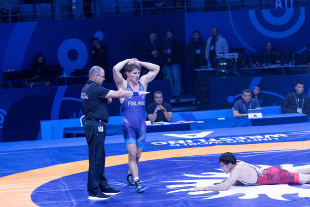 October 24, 2026, Astana, 2021 World Wrestling Championshi, Kazakhstan: Finland s Jonni Kunnari Sarkkinen reacts with disappointment after losing to Uzbekistan s Doniyorkhon Nakibov in the men s Greco-Roman 77kg competition at the Senior World Wrestling Championships in Astana, Kazakhstan, on October 24, 2026. Nakibov won 7-2. . Astana Kazakhstan - ZUMAt172 20261024_zip_t172_002 Copyright: xJosexTabaresx