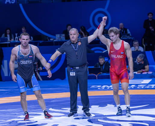 October 24, 2026, Astana, 2021 World Wrestling Championshi, Kazakhstan: Finland s Jonni Kunnari Sarkkinen (red) competes against Croatia s Antonio Kamenjasevic (blue) in the men s Greco-Roman 77kg competition at the Senior World Wrestling Championships in Astana, Kazakhstan, on October 24, 2026. Sarkkinen won the bout 7-2. . Astana Kazakhstan - ZUMAt172 20261024_zip_t172_006 Copyright: xJosexTabaresx