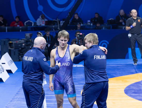 October 24, 2026, Astana, 2021 World Wrestling Championshi, Kazakhstan: Finland s Jonni Kunnari Sarkkinen listens to instructions from his coaches during his second bout in the men s Greco-Roman 77kg competition at the Senior World Wrestling Championships in Astana, Kazakhstan, on October 24, 2026. Sarkkinen lost the bout. . Astana Kazakhstan - ZUMAt172 20261024_zip_t172_009 Copyright: xJosexTabaresx