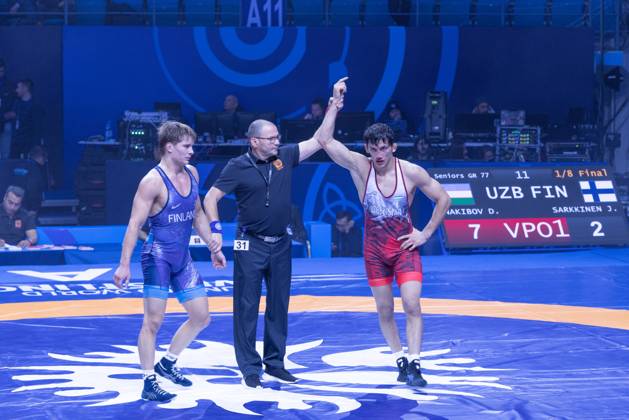 October 24, 2026, Astana, 2021 World Wrestling Championshi, Kazakhstan: Uzbekistan s Doniyorkhon Nakibov celebrates his victory as the referee raises his hand after defeating Finland s Jonni Kunnari Sarkkinen 7-2 in the men s Greco-Roman 77kg competition at the Senior World Wrestling Championships in Astana, Kazakhstan, on October 24, 2026. . Astana Kazakhstan - ZUMAt172 20261024_zip_t172_010 Copyright: xJosexTabaresx