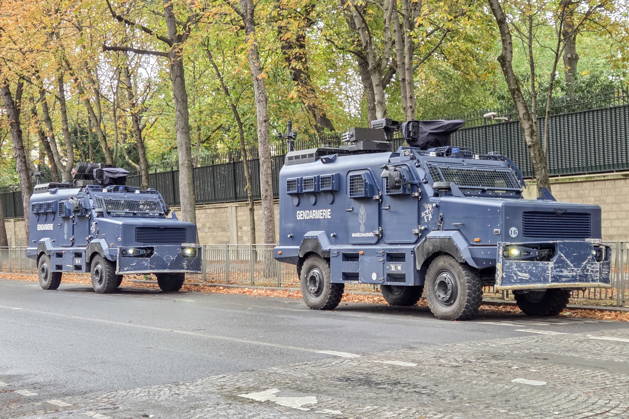 FRANCE, PARIS - OCTOBER 24, 2026: Riot police vehicles are seen in a street. Security measures have been tightened in the French capital as mass protests involving trade unions and university students are expected. Dmitry Orlov TASS  99860460