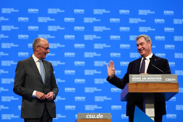 24.10.2026, CSU-Parteitag 2026 Friedrich Merz ( Bundeskanzler Bundesvorsitzender Vorsitzender Christlich Demokratische Union Deutschlands CDU ), links - Markus Söder ( Ministerpräsident Bayern ), rechts auf dem CSU-Parteitag 2026 in der Messe München Copyright: xNordphoto Schneiderx