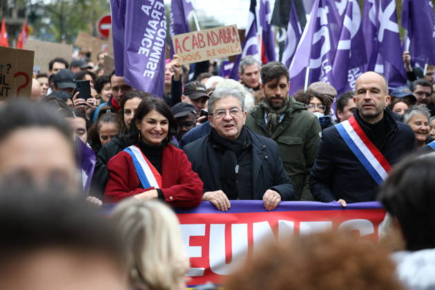 Politics at Yellow Vests Protest Act II - Paris French leftist party La France Insoumise (LFI) group MP Aurelie Trouve, French leftist party La France Insoumise (LFI) candidate in France s 2027 Presidential election Jean-Luc Melenchon and French leftist party La France Insoumise (LFI) group MP Manuel Bompard during a demonstration in favor of purchasing power, the protection of public services, and fiscal and social justice, in Paris on October 24, 2026 as part of a nationwide call for mobilisation bringing together former members of the Yellow Vest movement, labor unions, high school and university students. Photo by Raphael Lafargue ABACAPRESS.COM Paris France  Copyright: xLafarguexRaphael ABACAx