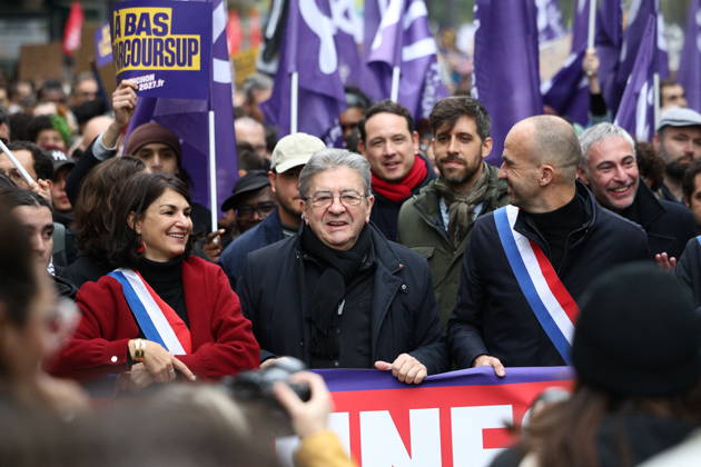 Politics at Yellow Vests Protest Act II - Paris French leftist party La France Insoumise (LFI) group MP Aurelie Trouve, French leftist party La France Insoumise (LFI) candidate in France s 2027 Presidential election Jean-Luc Melenchon and French leftist party La France Insoumise (LFI) group MP Manuel Bompard during a demonstration in favor of purchasing power, the protection of public services, and fiscal and social justice, in Paris on October 24, 2026 as part of a nationwide call for mobilisation bringing together former members of the Yellow Vest movement, labor unions, high school and university students. Photo by Raphael Lafargue ABACAPRESS.COM Paris France  Copyright: xLafarguexRaphael ABACAx