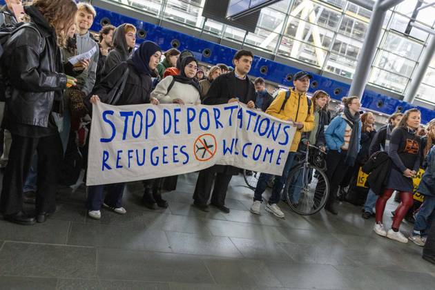 October 24, 2026, Schkeuditz, Saxony, Germany: SCHKEUDITZ, GERMANY OCTOBER 24, 2026: Demonstrators take part in a protest against deportations at Leipzig Halle Airport as part of a nationwide day of action against deportations and deportation detention. The protest focuses particularly on charter deportation flights to Afghanistan. Schkeuditz Germany - ZUMAq101 20261024_zna_q101_019 Copyright: xMariaxCastrox