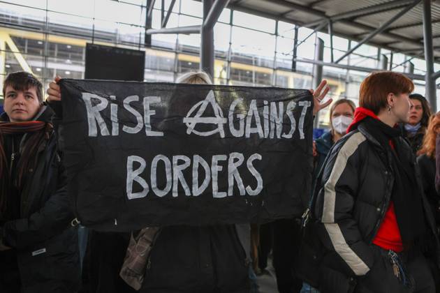 October 24, 2026, Schkeuditz, Saxony, Germany: SCHKEUDITZ, GERMANY OCTOBER 24, 2026: Demonstrators take part in a protest against deportations at Leipzig Halle Airport as part of a nationwide day of action against deportations and deportation detention. The protest focuses particularly on charter deportation flights to Afghanistan. Schkeuditz Germany - ZUMAq101 20261024_zna_q101_022 Copyright: xMariaxCastrox