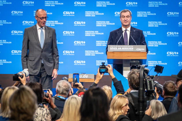 Bundeskanzler Friedrich Merz mit dem CSU-Parteivorsitzenden Markus Söder auf dem Parteitag;Parteitag der CSU in München, München Bayern Deutschland Messegelände München