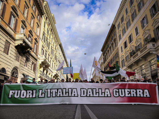 Rome Anti-War Demonstration Rome, Italy, October 24, 2026. Demonstrators take part in an anti-war march, under the slogan Fuori l™Italia dalla guerra (Keep Italy Out of the War). Protesters, opposing Italy™s involvement in wars, military rearmament and the Italian government™s policies. Rome Italy Copyright: xWWW.ANDREACALANDRA.COMx