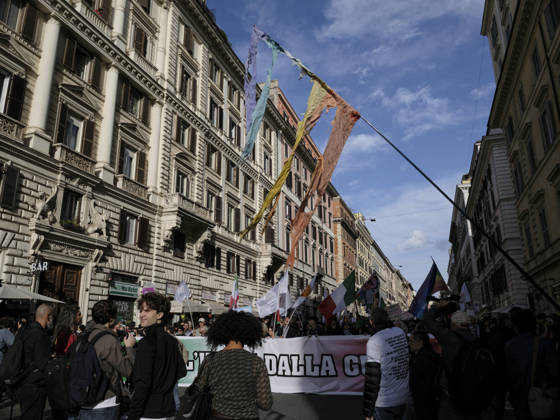 Rome Anti-War Demonstration Rome, Italy, October 24, 2026. Demonstrators take part in an anti-war march, under the slogan Fuori l™Italia dalla guerra (Keep Italy Out of the War). Protesters, opposing Italy™s involvement in wars, military rearmament and the Italian government™s policies. Rome Italy Copyright: xWWW.ANDREACALANDRA.COMx