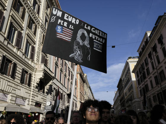Rome Anti-War Demonstration Rome, Italy, October 24, 2026. Demonstrators take part in an anti-war march, under the slogan Fuori l™Italia dalla guerra (Keep Italy Out of the War). Protesters, opposing Italy™s involvement in wars, military rearmament and the Italian government™s policies. Rome Italy Copyright: xWWW.ANDREACALANDRA.COMx