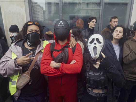 Lyon France Anti-Government Protest Three demonstrators wearing face coverings, including a white Scream-style mask, stand together during a protest in Lyon, France, on October 24, 2026. The demonstration took place amid renewed protests over living costs, wages and public services, while authorities restricted gatherings in parts of central Lyon following unrest during demonstrations the previous weekend. Lyon Rhone Alpes France Copyright: xAbolfazlxSalmanzadehx