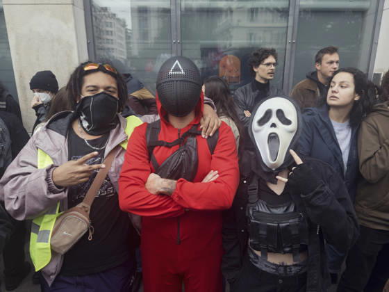 Lyon France Anti-Government Protest Three demonstrators wearing face coverings, including a white Scream-style mask, stand together during a protest in Lyon, France, on October 24, 2026. The demonstration took place amid renewed protests over living costs, wages and public services, while authorities restricted gatherings in parts of central Lyon following unrest during demonstrations the previous weekend. Lyon Rhone Alpes France Copyright: xAbolfazlxSalmanzadehx