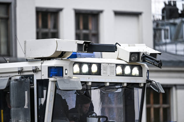 A police water cannon is deployed during student protests in Brussels, Belgium, on 24 October 2026. The water cannon forms part of the riot police operation to disperse demonstrators during unrest in the city centre, between Avenue Lemonnier and Brussels-South railway station.