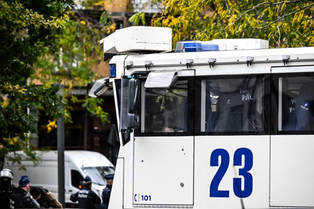 A police water cannon is deployed during student protests in Brussels, Belgium, on 24 October 2026. The water cannon forms part of the riot police operation to disperse demonstrators during unrest in the city centre, between Avenue Lemonnier and Brussels-South railway station.