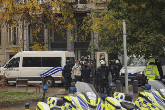 Brussels Belgium Education Protest Police officers restrain a demonstrator during a protest in Brussels, Belgium on October 24, 2026. Hundreds of mainly young protesters gathered in Brussels to demand more funding for education and public services. Demonstrators further criticized police conduct, accusing officers of excessive force during previous rallies. Brussels Brussels Capital Belgium Copyright: xMohammedxHamadax