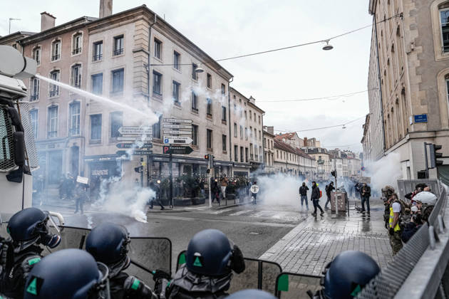 Police intervene in demonstrators amid ongoing protests in Nancy NANCY, FRANCE - OCTOBER 24: Police clash with protesters with water cannons and tear gas during a demonstration amid ongoing social and political tensions in Nancy, France, on October 24, 2026. Muhammed Said Tako Anadolu Nancy France. Editorial use only. Please get in touch for any other usage.  Copyright: x2026xAnadoluxMuhammedxSaidxTakox