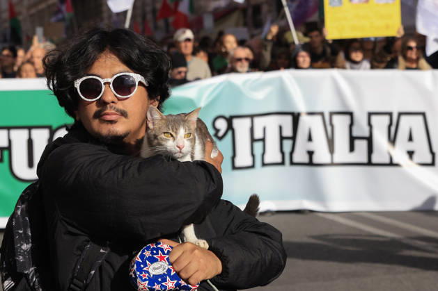 Demonstration against the Italian government in Rome ROME, ITALY, OCTOBER 24: A demonstrator holds his cat during a protest against the Italian government in Rome, Italy, on October 24, 2026. Riccardo De Luca Anadolu Rome Italy. Editorial use only. Please get in touch for any other usage.  Copyright: x2026xAnadoluxRiccardoxDexLucax