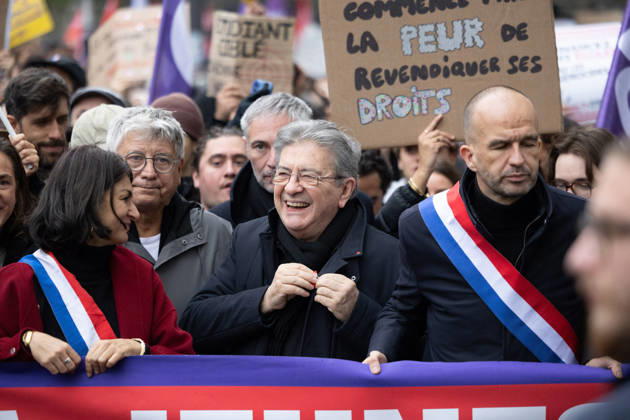 Yellow Vests Protest Act II - Paris RL Candidate to the 2027 presidential election La France Insoumise LFI Jean-Luc Melenchon Demonstration in favor of purchasing power, the protection of public services, and fiscal and social justice, in Paris on October 24, 2026 as part of a nationwide call for mobilisation and protest bringing together former members of the Yellow Vest movement, labor unions, high school and university students. Photo by Raphael Lafargue ABACAPRESS.COM Paris France  Copyright: xLafarguexRaphael ABACAx