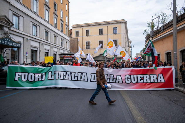 October 24, 2026, Rome, Rm, Italy: Thousands of people take to the streets to join the Get Italy out of the war march. Participants are calling for peace and protesting against the rising cost of living. Get Italy out of the war reads the banner. Rome Italy - ZUMAg256 20261024_znp_g256_001 Copyright: xMarcoxDixGianvitox