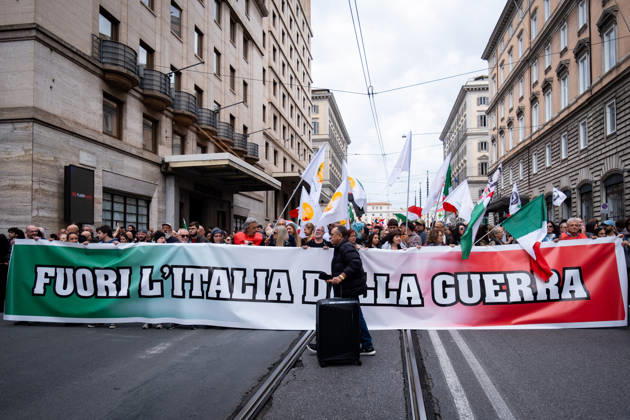 October 24, 2026, Rome, Rm, Italy: Thousands of people take to the streets to join the Get Italy out of the war march. Participants are calling for peace and protesting against the rising cost of living. Get Italy out of the war reads the banner. Rome Italy - ZUMAg256 20261024_znp_g256_011 Copyright: xMarcoxDixGianvitox