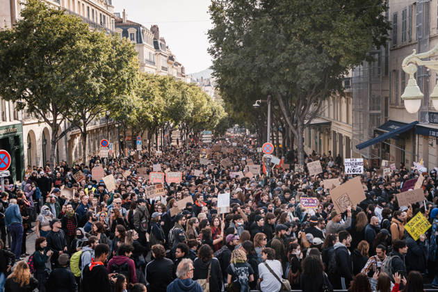 Marseille France Street Protests A large crowd gathers on a street during a protest in Marseille, France on October 24, 2026. Authorities deployed around 70,000 security personnel across France for renewed protests over the cost of living, after unrest a week earlier saw public buildings damaged, hundreds of shops looted and about 2,700 people arrested. Marseille Provence-Alpes-CÃ te France Copyright: xNaelxChahinex