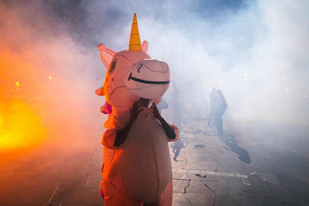 Marseille France Street Protests A costumed demonstrator stands amid smoke during a protest in Marseille, France on October 24, 2026. Authorities deployed around 70,000 security personnel across France for renewed protests over the cost of living, after unrest a week earlier saw public buildings damaged, hundreds of shops looted and about 2,700 people arrested. Marseille Provence-Alpes-CÃ te France Copyright: xNaelxChahinex