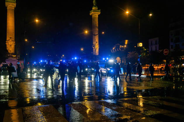 Yellow Vests Protest Act II - Paris Police officers move into Place de la Nation following the demonstration in Paris, France, on October 24, 2026, forcing groups of people to leave the square in pouring rain. Photo by Jules Bernard ABACAPRESS.COM Photo by Jules Bernard ABACAPRESS.COM Paris Île-de-France France  Copyright: xBernardxJules ABACAx