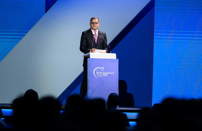 October 25, 2026, Doha, Qatar: Abdulhamid Mohammed Al Dabiba, Prime Minister of Libya, speaks during the opening ceremony of the 9th World Investment Forum (WIF 2026). The three-day summit, organized by United Nations Conference on Trade and Development Doha Qatar - ZUMAs197 20261025_aaa_s197_083 Copyright: xNoushadxVariyattiyakkalx