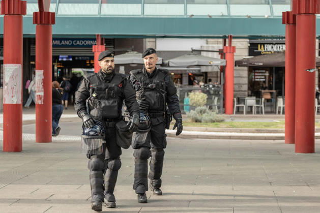October 25, 2026, Milan, Mi, Italy: Carabinieri in riot gear at the Milan Cadorna railway station, shortly before a potential unauthorized demonstration. The event takes place the weekend following protests against the high cost of livingÃ¢â‚¬protests that escalated into urban guerrilla warfare, resulting in the looting of shops and damage to entire streets. Milan Italy  - ZUMAc276 20261025_zip_c276_004 Copyright: xAndreaxCarrubbax