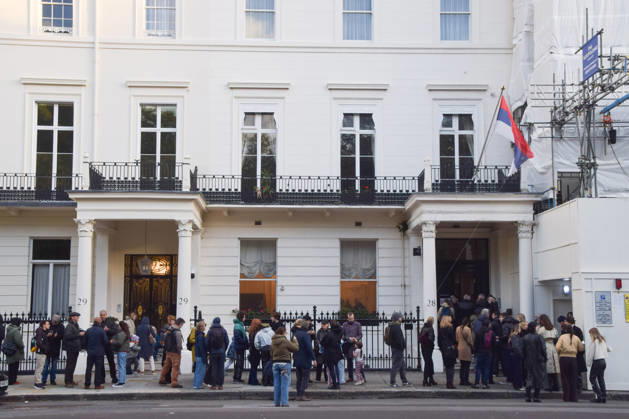 October 25, 2026, London, England, United Kingdom: Voters turn up in large numbers outside the Embassy of Serbia as the country holds snap parliamentary elections challenging the long-term populist leader Aleksandar Vucic. London United Kingdom  - ZUMAv130 20261025_zip_v130_062 Copyright: xVukxValcicx